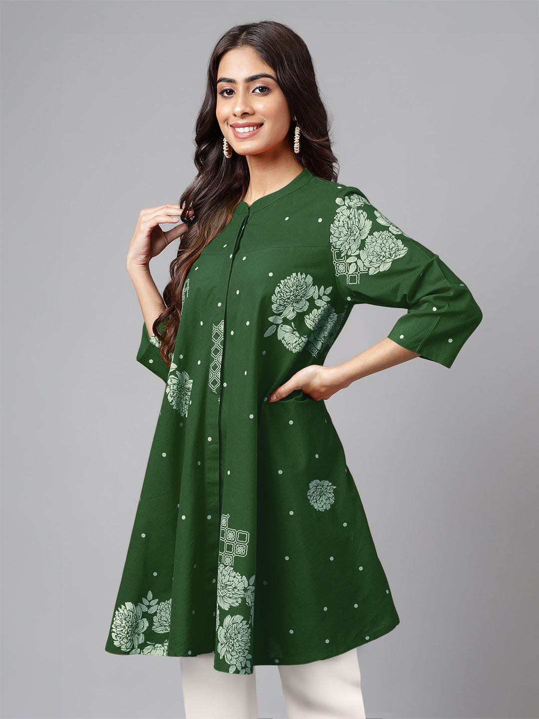 Green Pure Cotton Floral Printed Flared Tunic