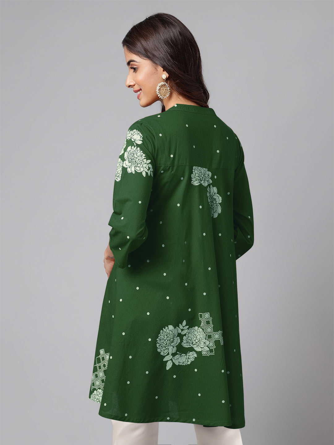 Green Pure Cotton Floral Printed Flared Tunic