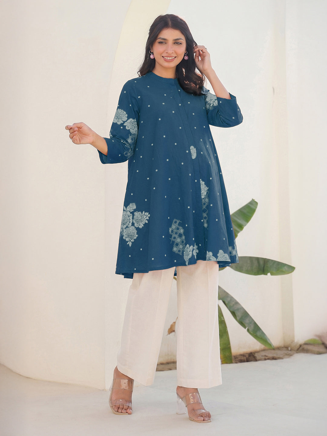 Janasya Women's Maternity Teal Blue Pure Cotton Floral Printed A-Line Tunic