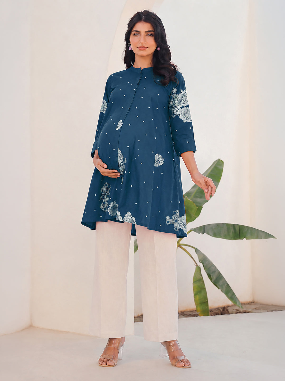 Janasya Women's Maternity Teal Blue Pure Cotton Floral Printed A-Line Tunic