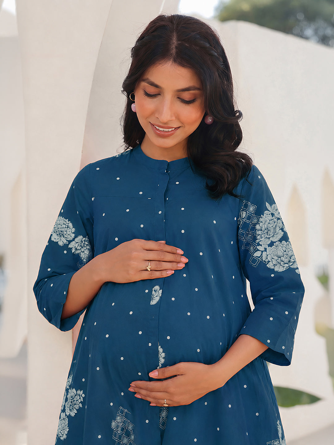Janasya Women's Maternity Teal Blue Pure Cotton Floral Printed A-Line Tunic