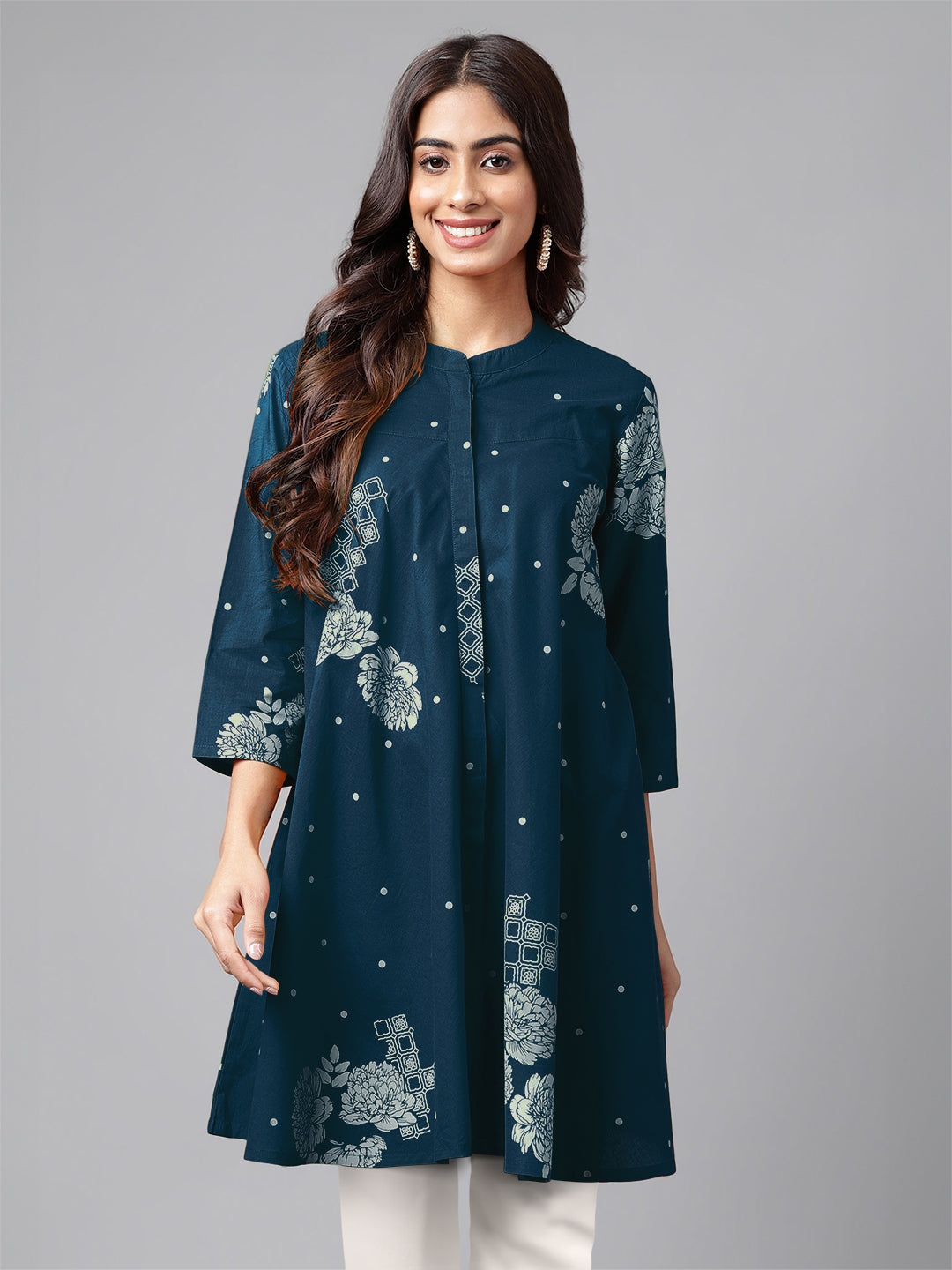 Teal Blue Pure Cotton Floral Printed Flared Tunic