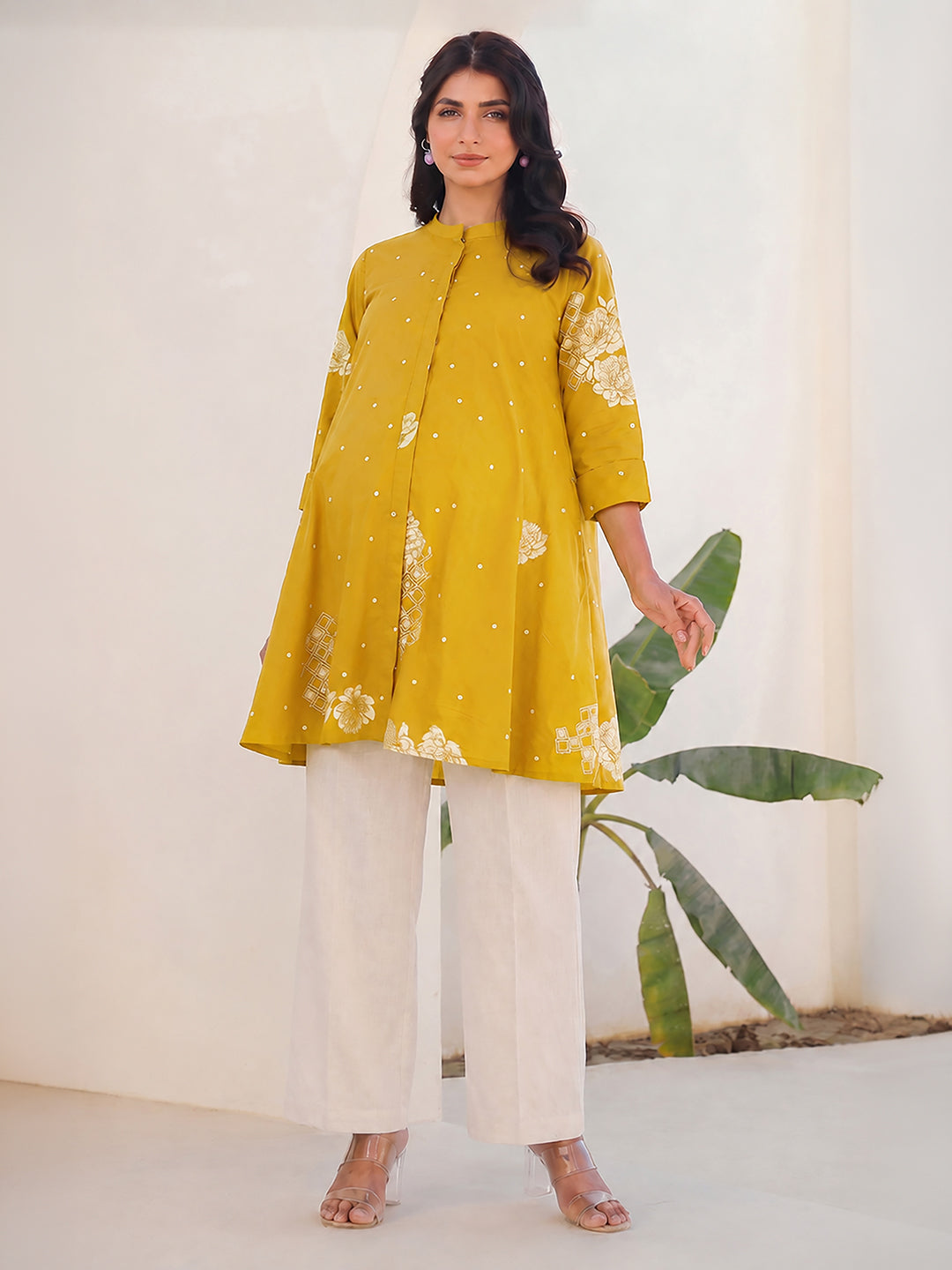 Janasya Women's Maternity Mustard Pure Cotton Floral Printed A-Line Tunic