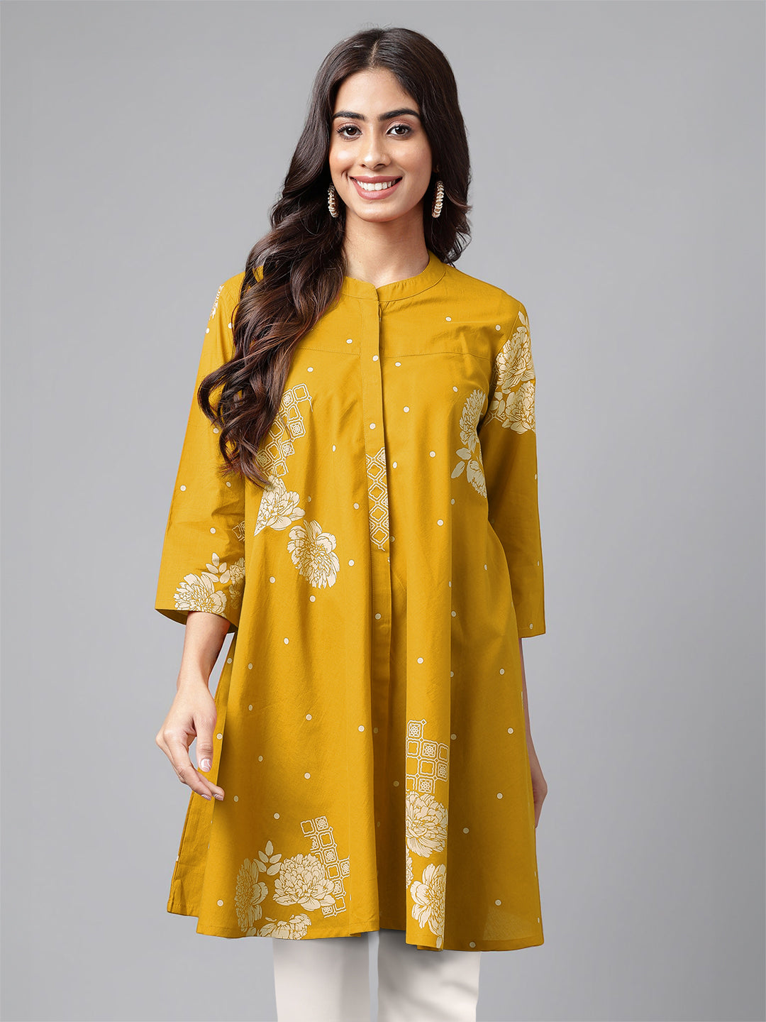 Mustard Pure Cotton Floral Printed Flared Tunic