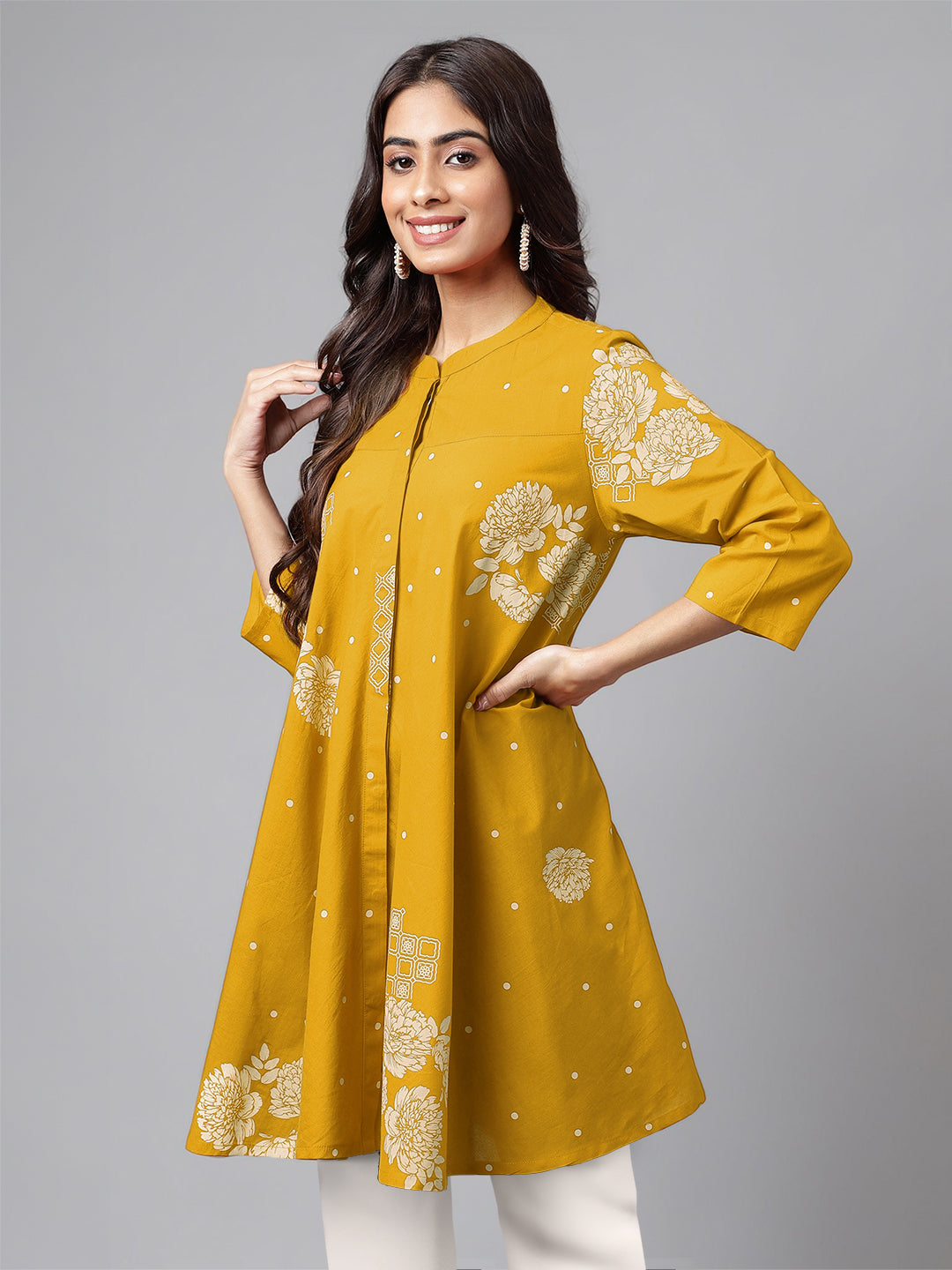 Mustard Pure Cotton Floral Printed Flared Tunic