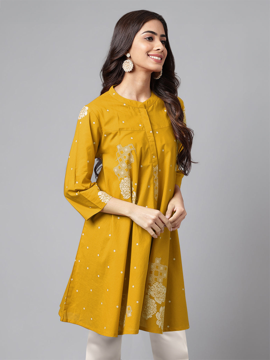 Mustard Pure Cotton Floral Printed Flared Tunic