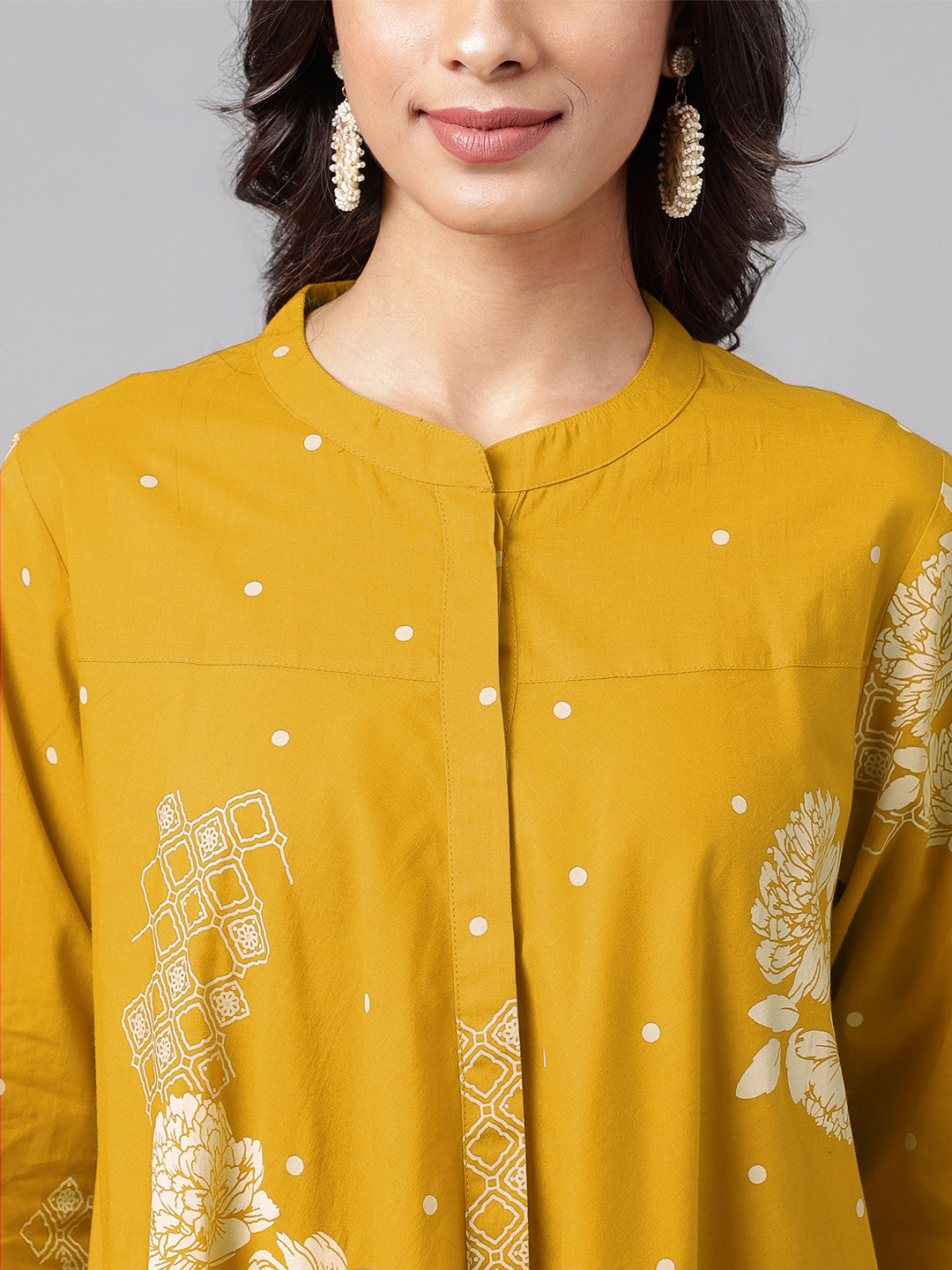 Mustard Pure Cotton Floral Printed Flared Tunic