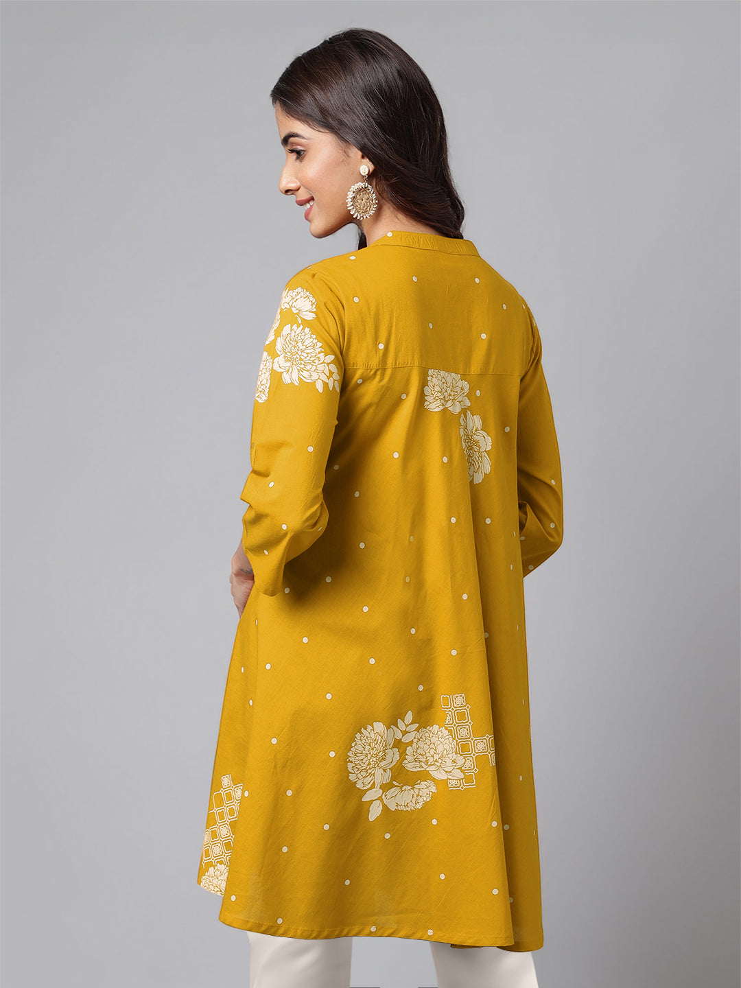 Mustard Pure Cotton Floral Printed Flared Tunic