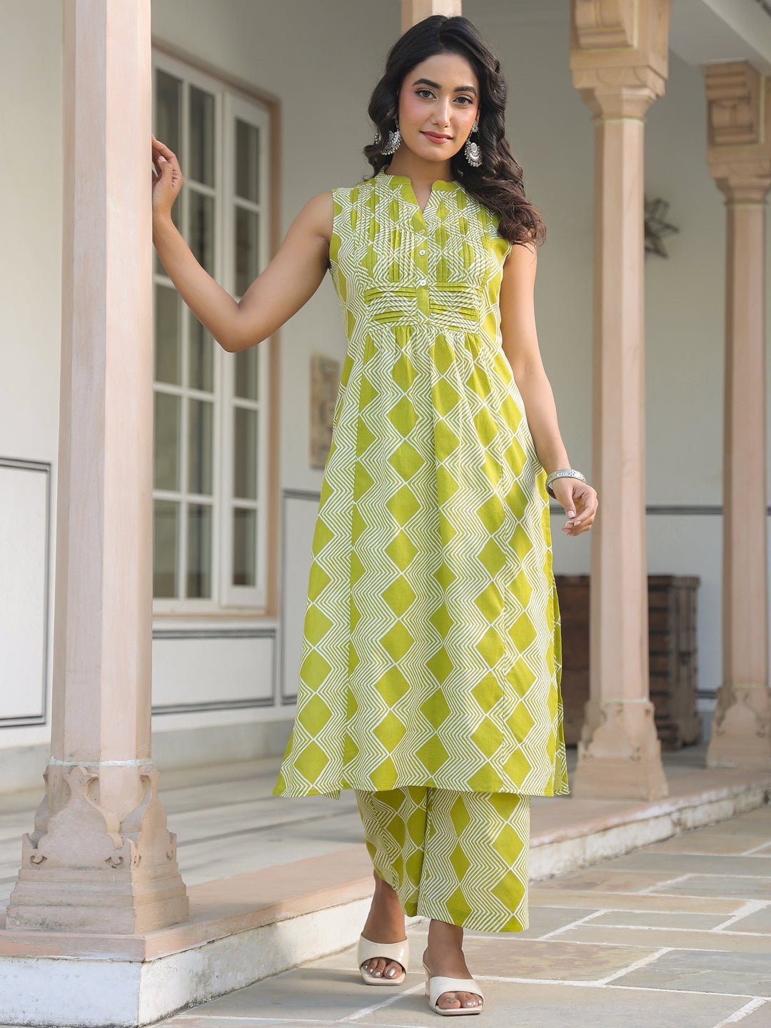 Lime Green Pure Cotton Geometric Printed A-line Kurta Pant Set