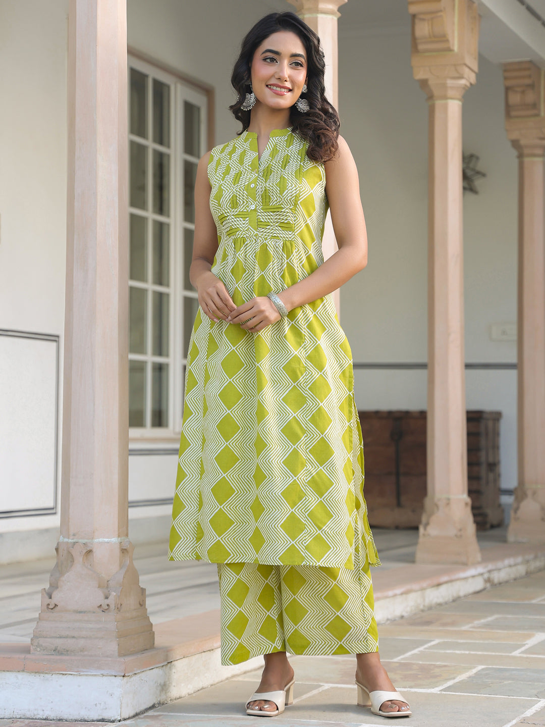 Lime Green Pure Cotton Geometric Printed A-line Kurta Pant Set