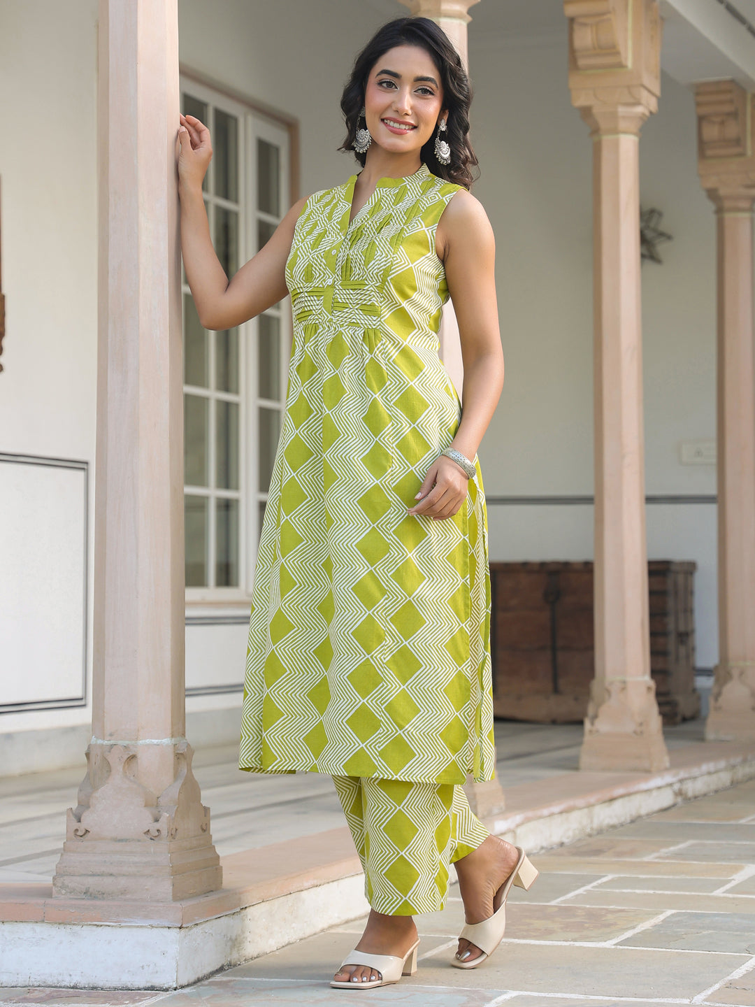 Lime Green Pure Cotton Geometric Printed A-line Kurta Pant Set