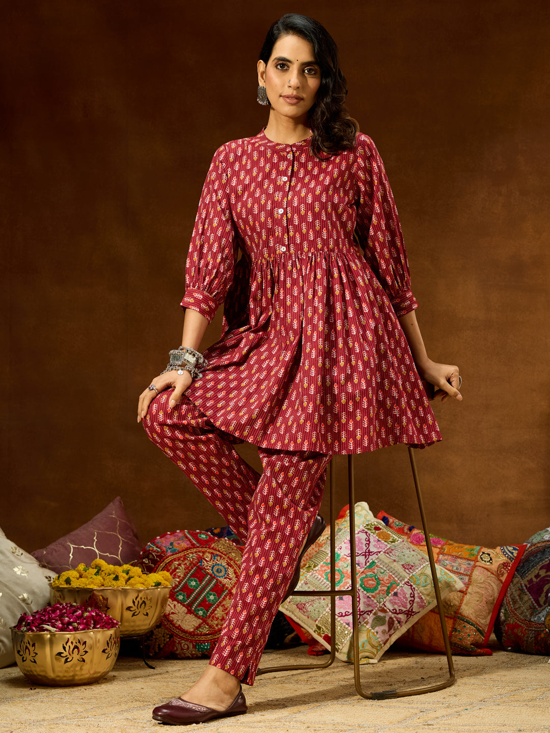 Janasya Women's Maroon Pure Cotton Ethnic Motifs Printed Peplum Co-ord Set