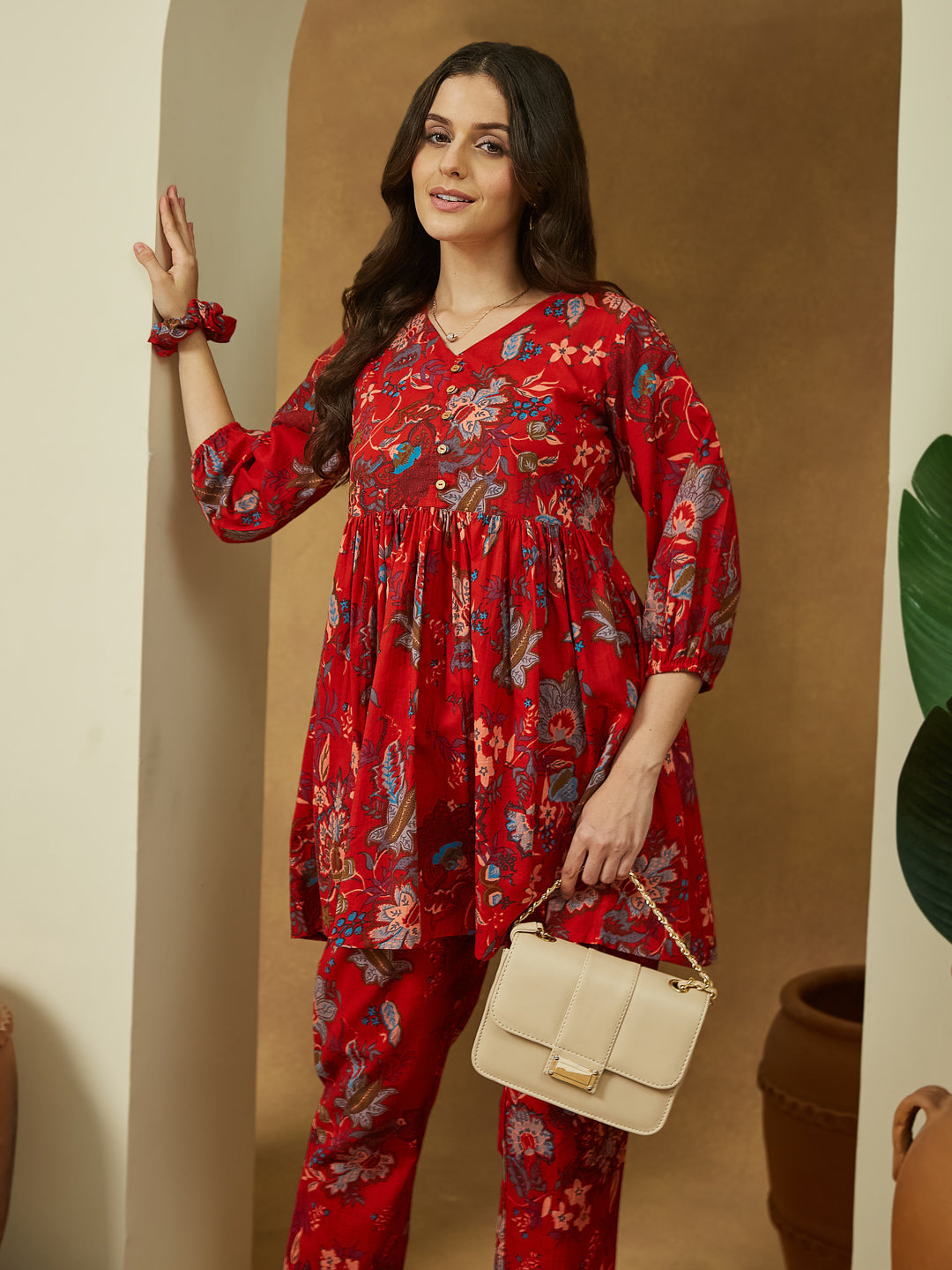 Janasya Women's Red Pure Cotton Floral Printed Peplum Co-ord Set