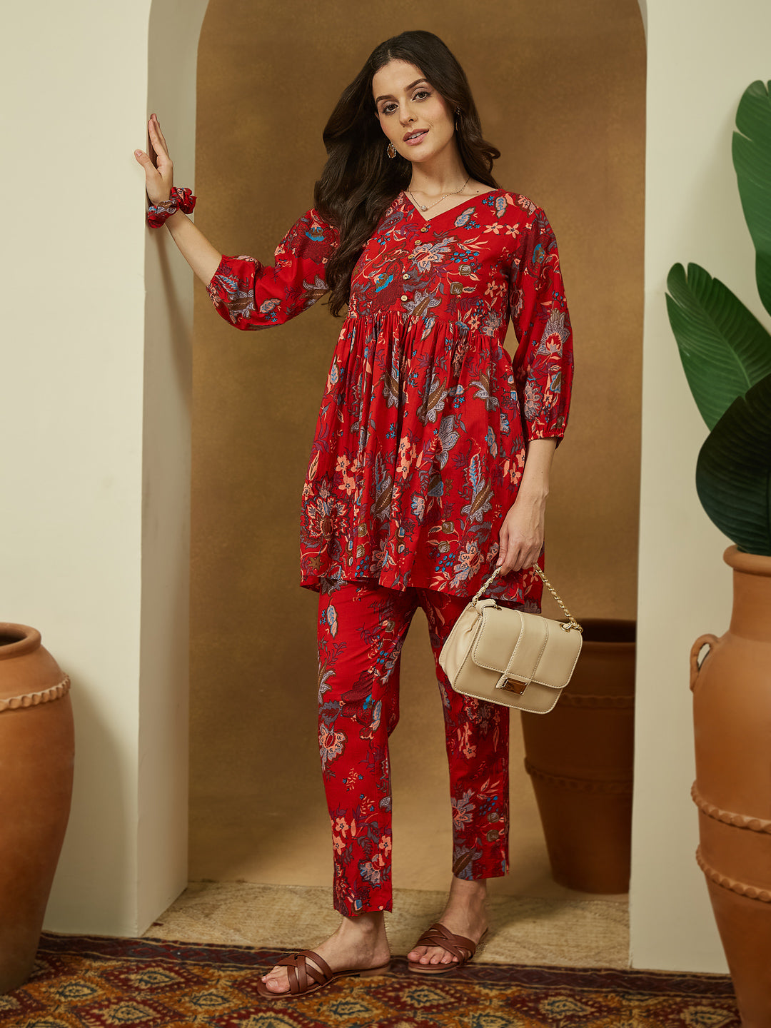 Janasya Women's Red Pure Cotton Floral Printed Peplum Co-ord Set