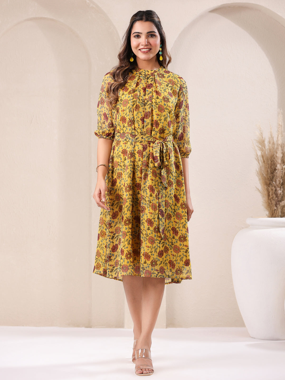 Mustard Georgette Floral Printed A-Line Dress