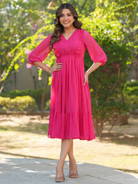 Pink Dobby Chiffon Self Design Fit & Flare Dress