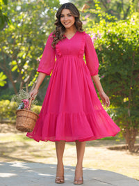 Pink Dobby Chiffon Self Design Fit & Flare Dress