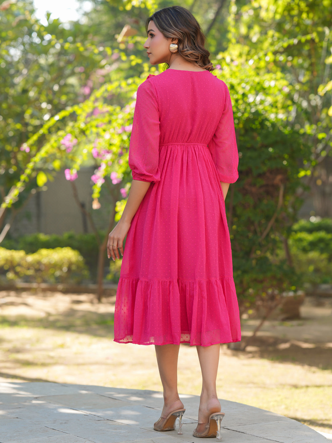 Pink Dobby Chiffon Self Design Fit & Flare Dress