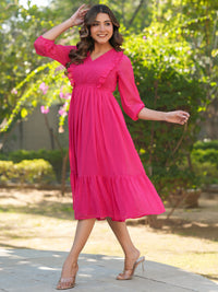 Pink Dobby Chiffon Self Design Fit & Flare Dress