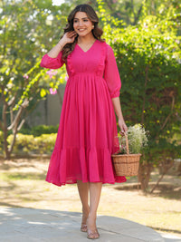 Pink Dobby Chiffon Self Design Fit & Flare Dress