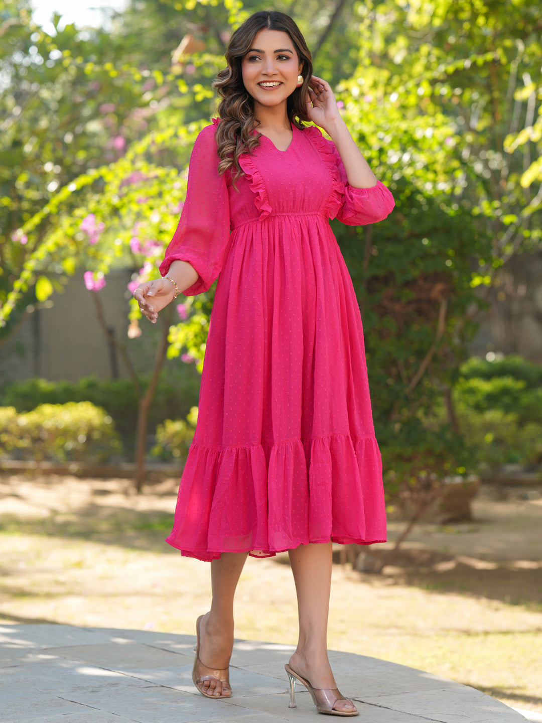 Pink Dobby Chiffon Self Design Fit & Flare Dress