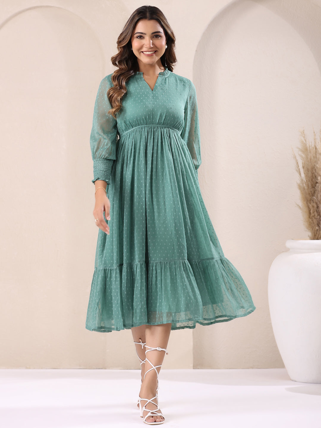 Sage Green Dobby Chiffon Self Design Fit & Flare Dress