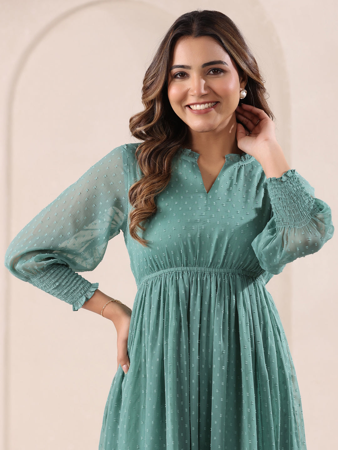 Sage Green Dobby Chiffon Self Design Fit & Flare Dress