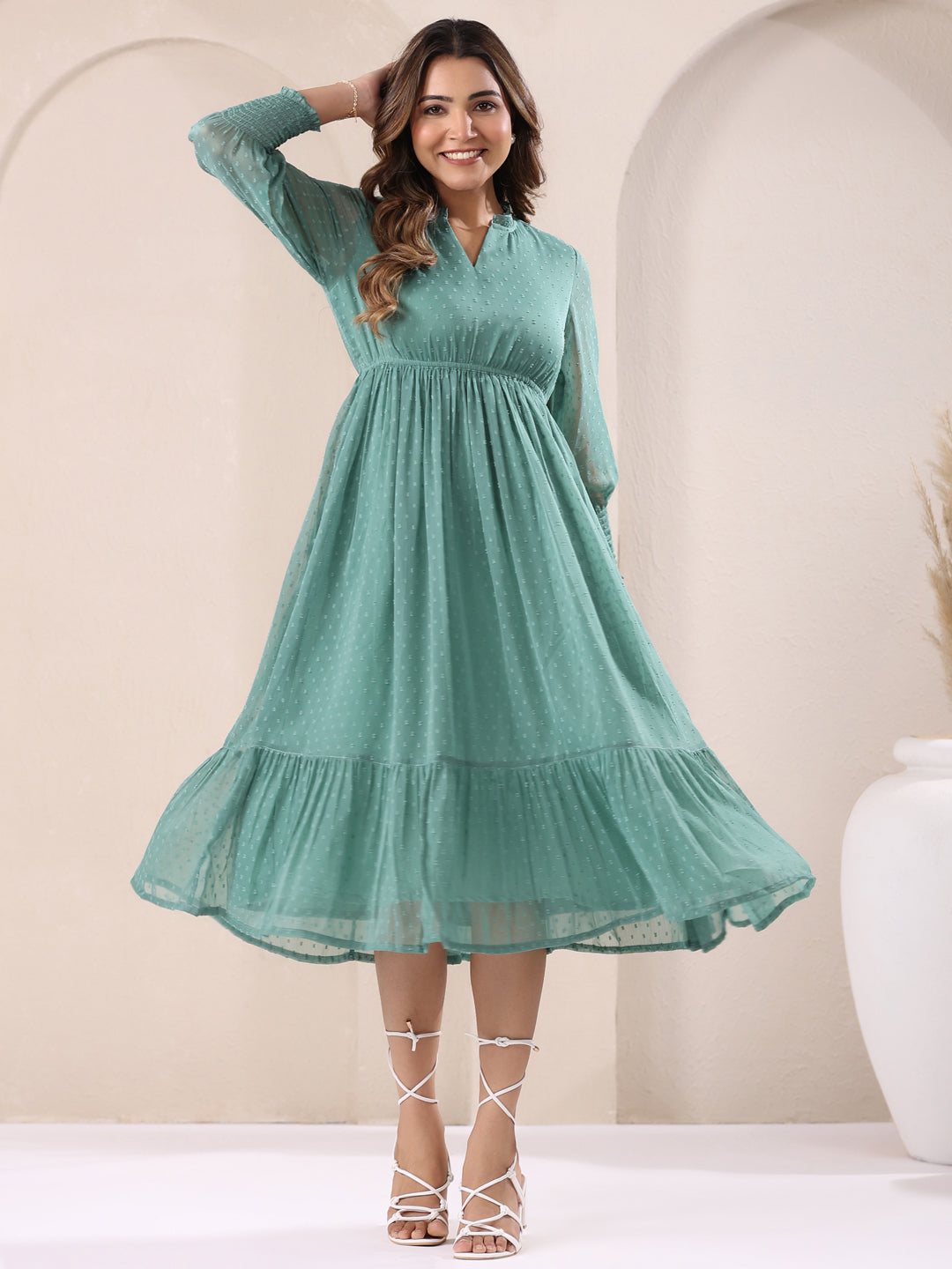 Sage Green Dobby Chiffon Self Design Fit & Flare Dress