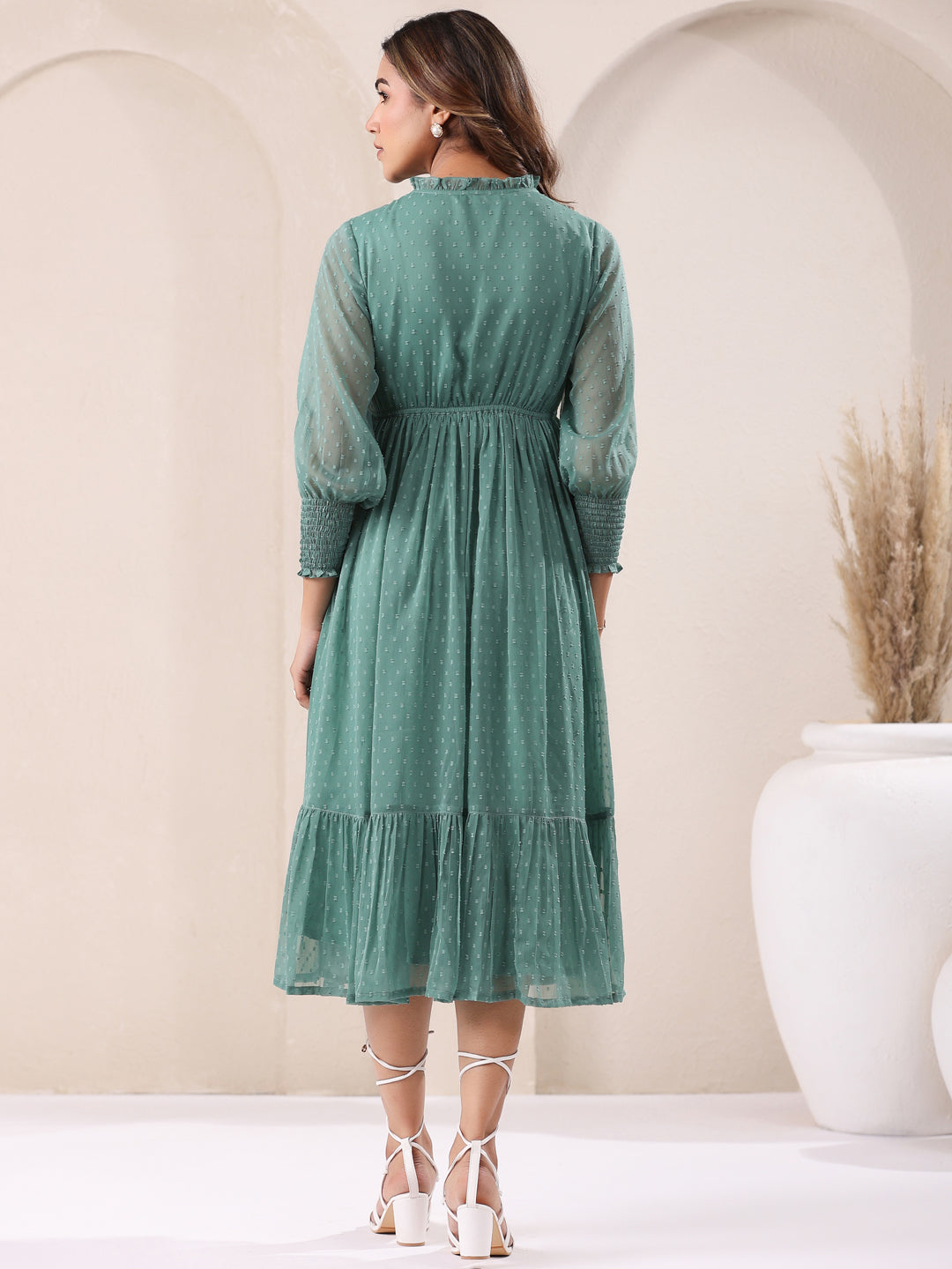 Sage Green Dobby Chiffon Self Design Fit & Flare Dress