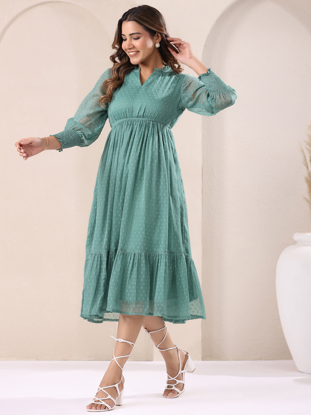 Sage Green Dobby Chiffon Self Design Fit & Flare Dress