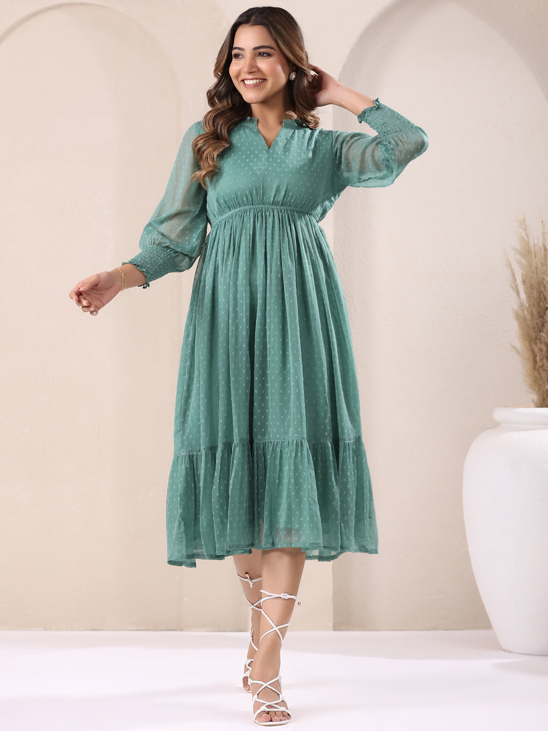 Sage Green Dobby Chiffon Self Design Fit & Flare Dress