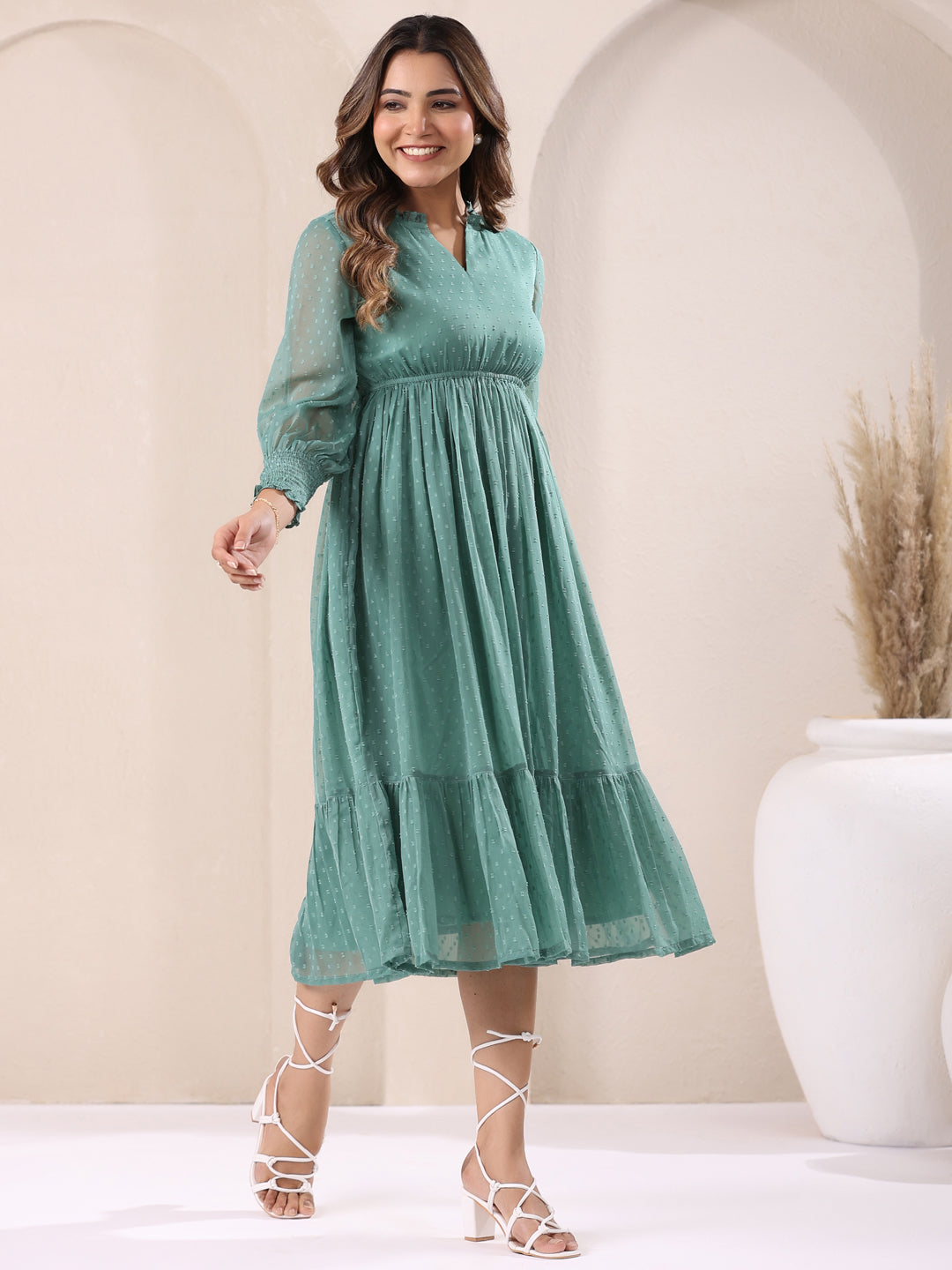 Sage Green Dobby Chiffon Self Design Fit & Flare Dress