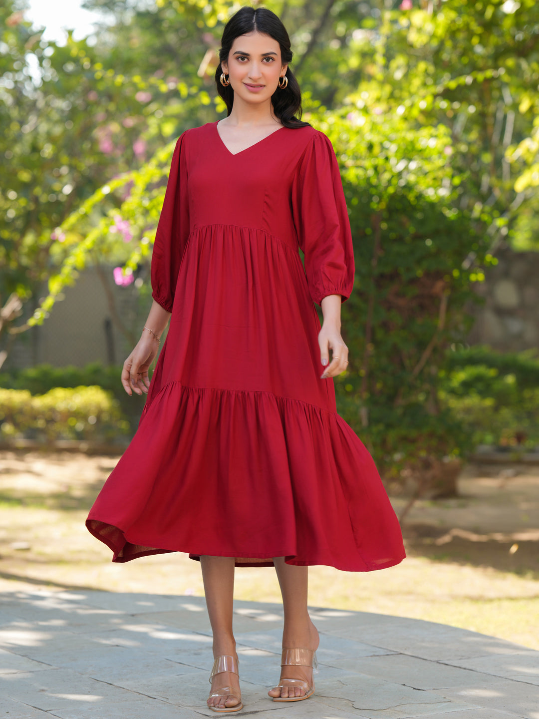 Red Rayon Solid Tiered Dress