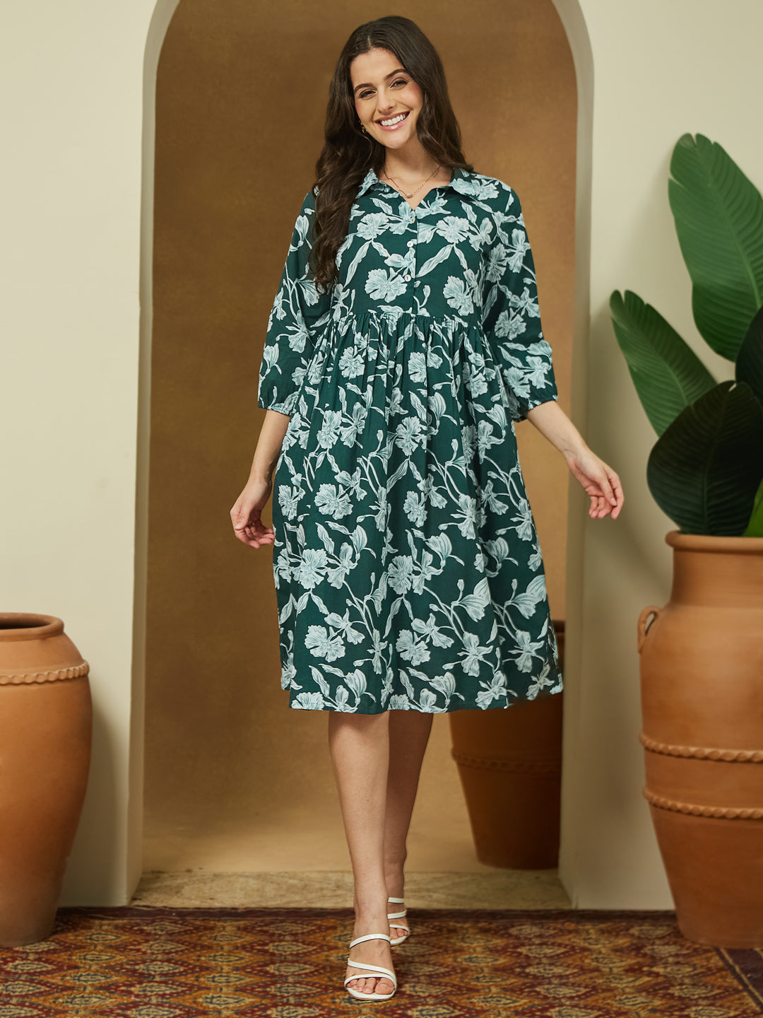 Janasya Women's Green Pure Cotton Floral Printed Fit & Flare Dress
