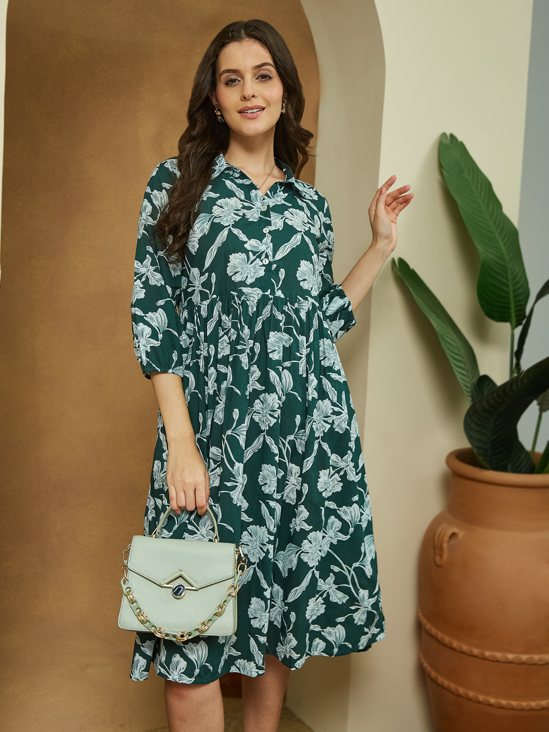 Janasya Women's Green Pure Cotton Floral Printed Fit & Flare Dress