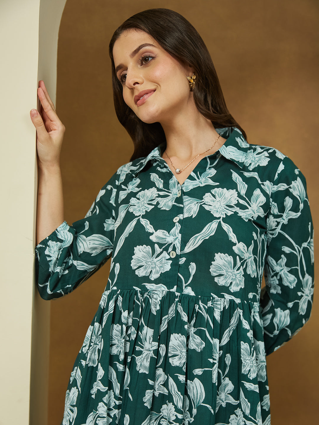 Janasya Women's Green Pure Cotton Floral Printed Fit & Flare Dress