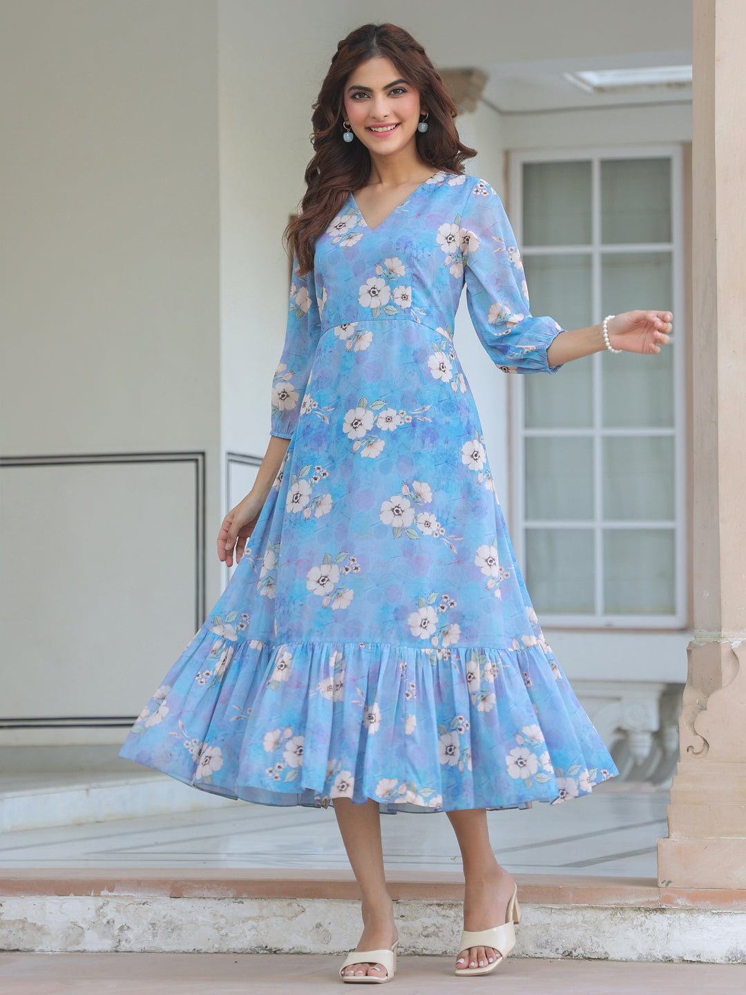 Blue Georgette Floral Printed A-line Dress Blue Georgette Floral Printed A-line Dress