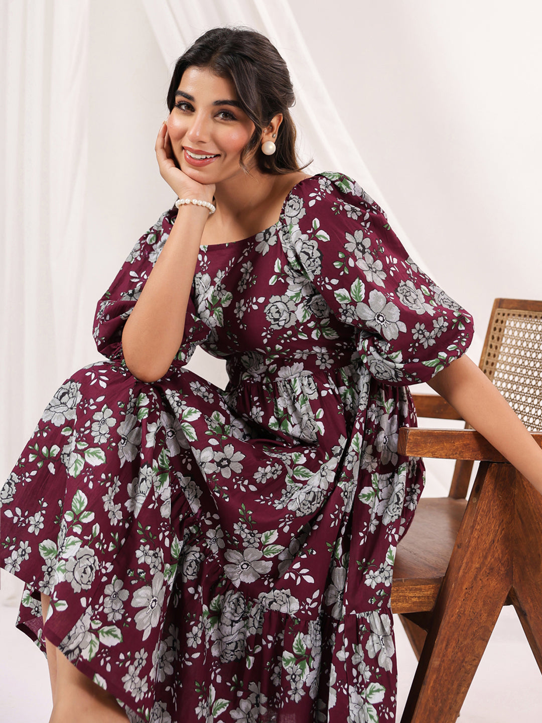 Janasya Women's Wine Pure Cotton Floral Printed Tiered Dress