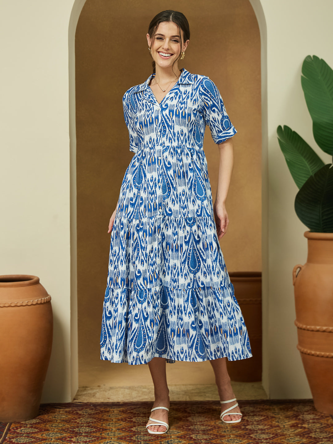 Janasya Women's Indigo Blue Linen Cotton Ikkat Printed Tiered Dress