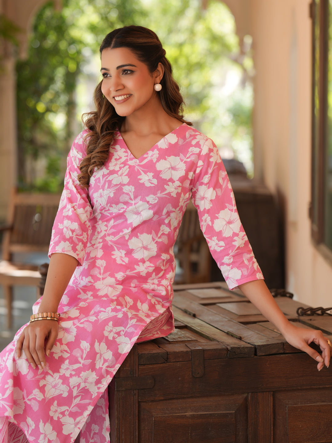 Pink Pure Cotton Floral Printed Straight Kurta Pant Set