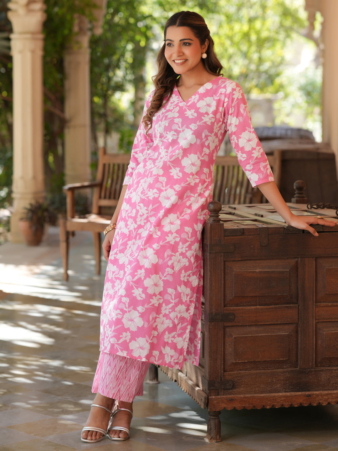 Pink Pure Cotton Floral Printed Straight Kurta Pant Set