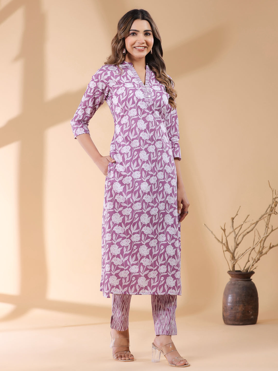 Purple Pure Cotton Floral Printed Straight Kurta Pant Set