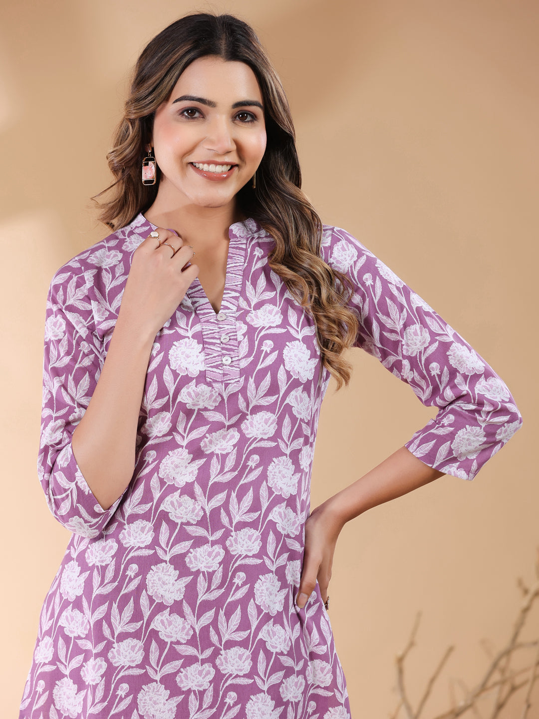 Purple Pure Cotton Floral Printed Straight Kurta Pant Set