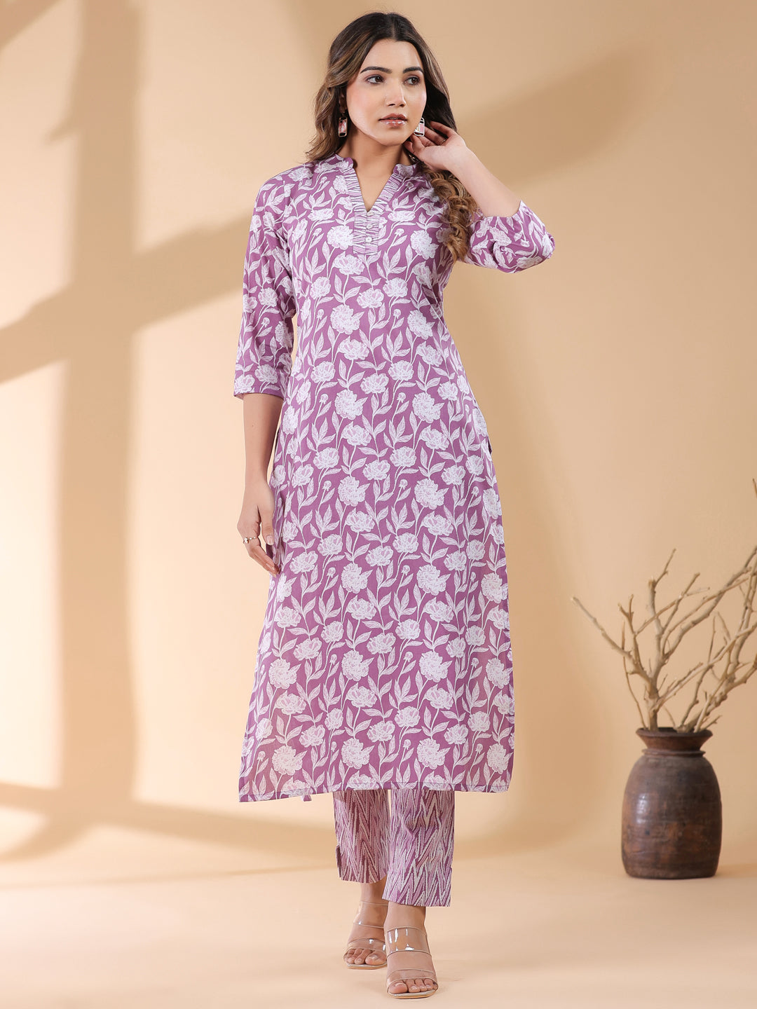 Purple Pure Cotton Floral Printed Straight Kurta Pant Set