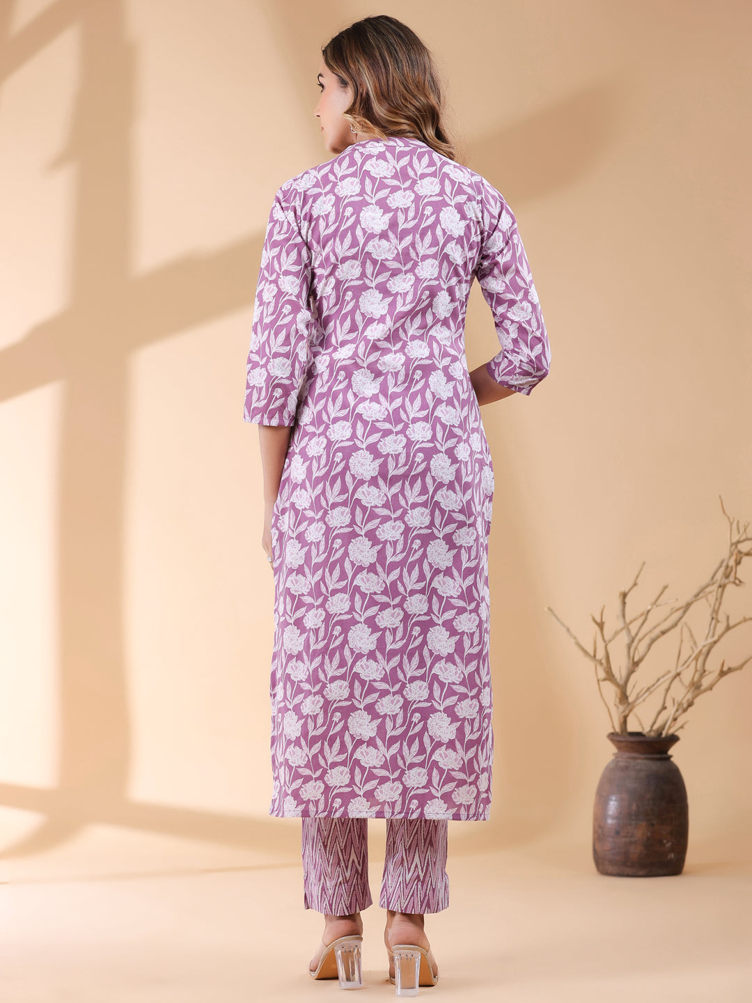 Purple Pure Cotton Floral Printed Straight Kurta Pant Set