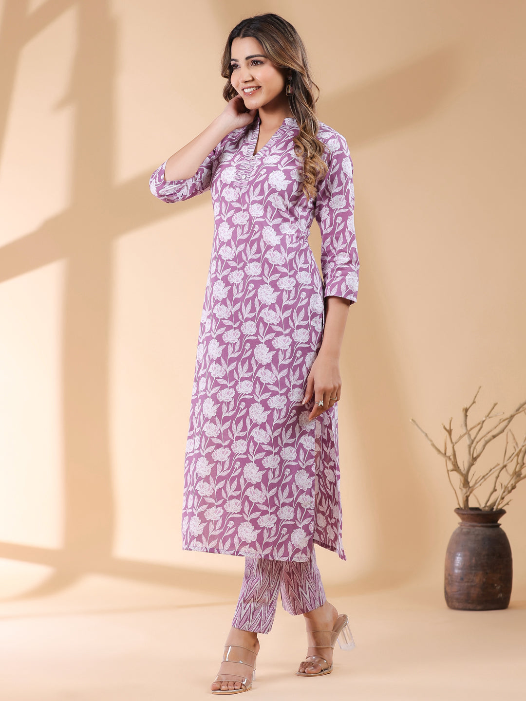 Purple Pure Cotton Floral Printed Straight Kurta Pant Set