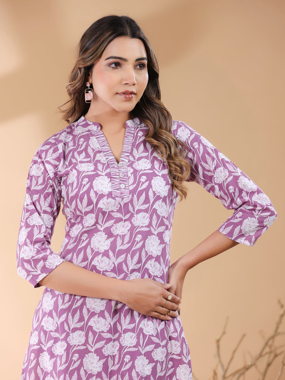 Purple Pure Cotton Floral Printed Straight Kurta Pant Set