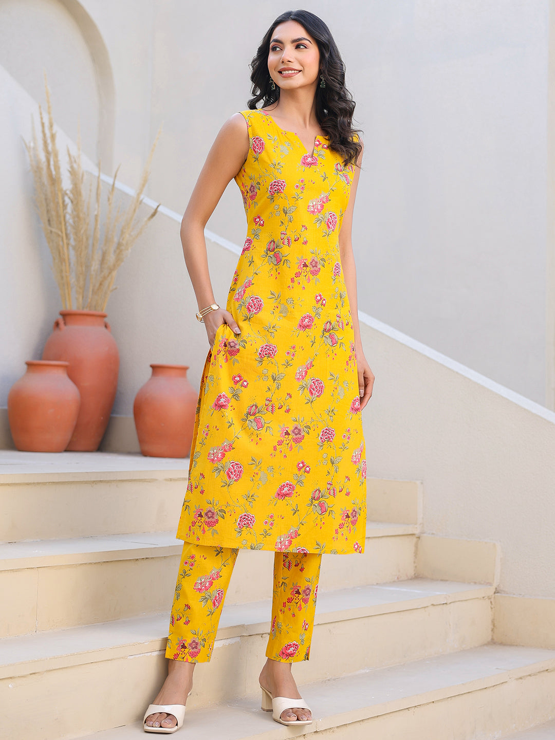 Yellow Pure Cotton Floral Printed Straight Kurta Pant Set