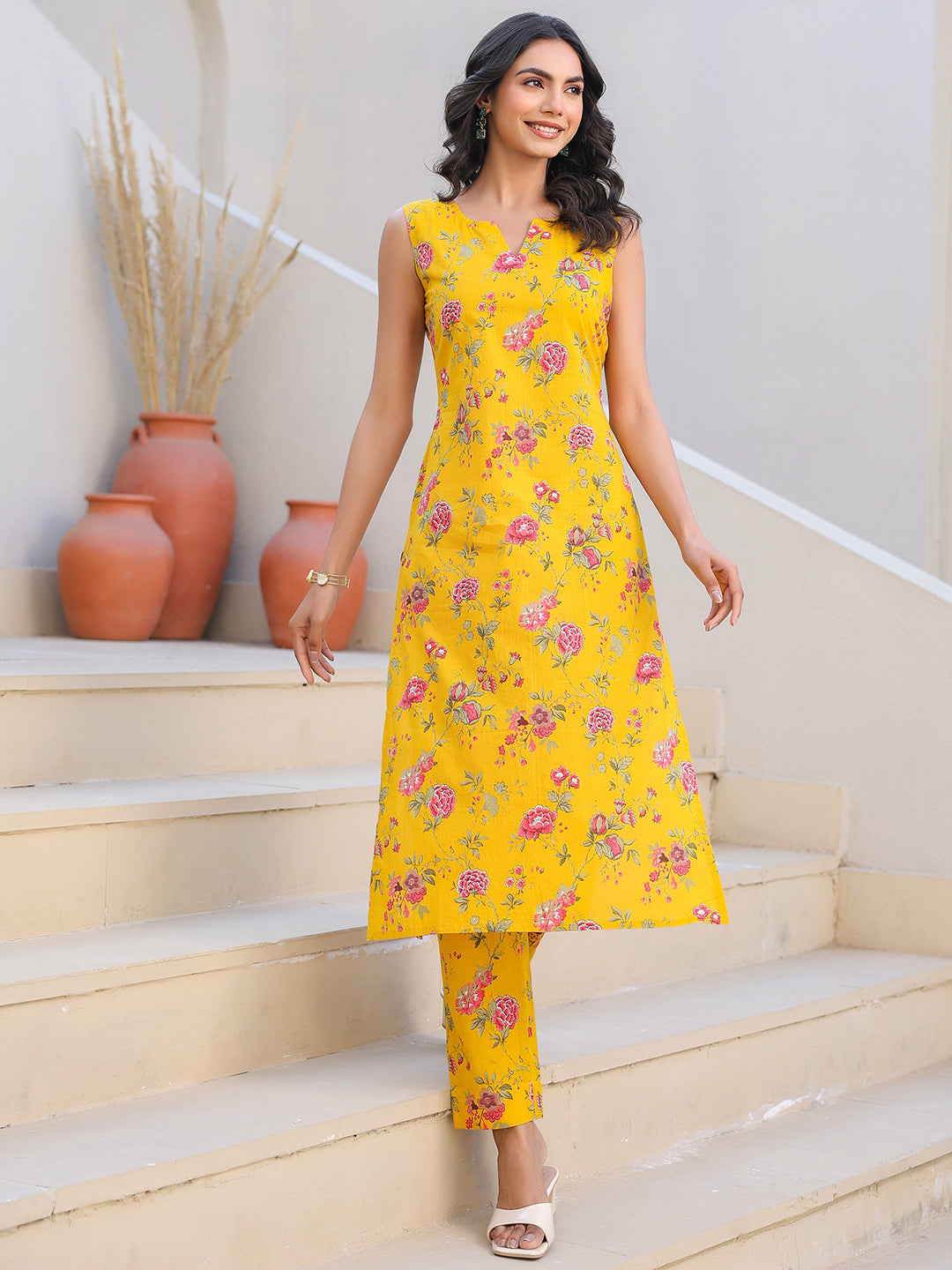 Yellow Pure Cotton Floral Printed Straight Kurta Pant Set