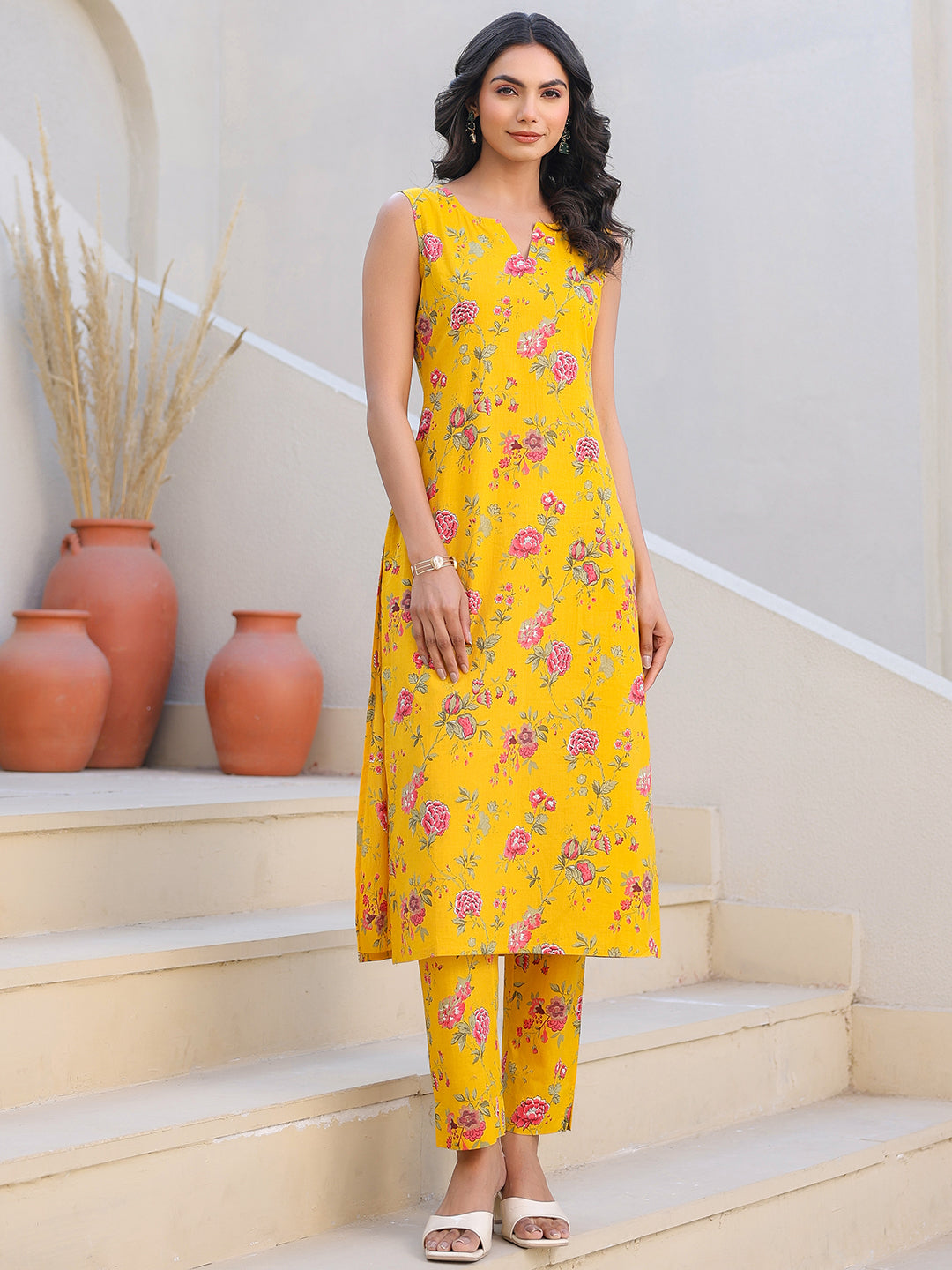 Yellow Pure Cotton Floral Printed Straight Kurta Pant Set